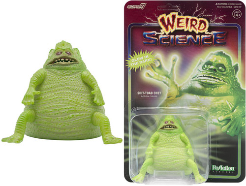 Super7 2020 SDCC Weird Science Shit-Toad Chet ReAction Figure, glow-in-the-dark green creature toy with detailed texture and facial features.