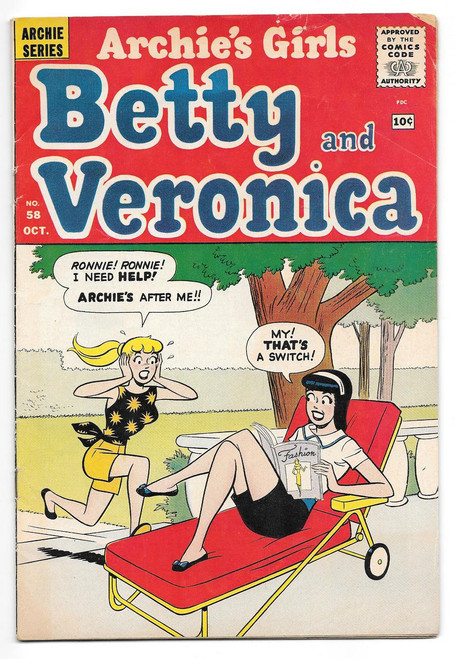 Archie's Girls Betty and Veronica #58 Comic Book, vintage comic cover featuring Betty sitting on a lounge chair reading a fashion magazine and Veronica in the background holding her head and shouting for help.
