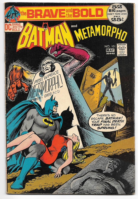 DC Comics Brave and the Bold Batman and Metamorpho #101 Comic Book, vintage superhero comic cover featuring Batman holding a woman, Metamorpho in the background, and a mausoleum with a shadowy figure, with bold colors and classic comic art style.