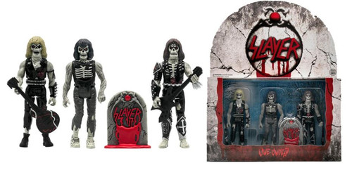 Super7 Slayer 3.75" ReAction Figure - Live Undead 3-Pack, featuring three skeleton figures with musical instruments and a tombstone, in original packaging.