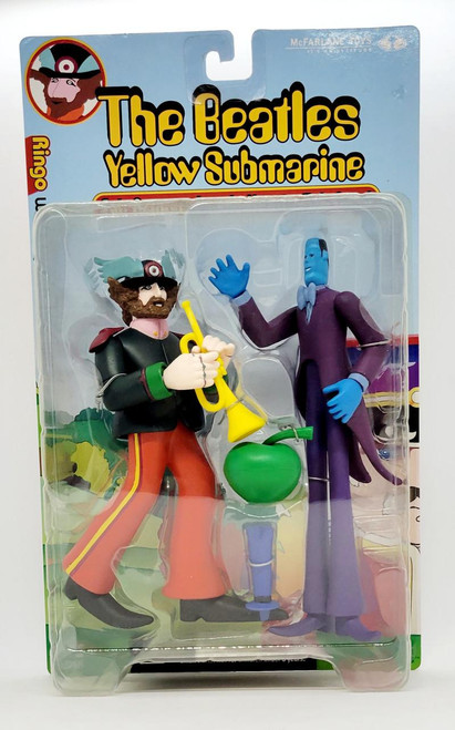 McFarlane Toys The Beatles - Yellow Submarine Ringo with Apple Bonker Series 2 Action Figures, vinyl collectibles featuring Ringo Starr dressed as a band member with a trumpet and a blue alien character, in blister packaging.