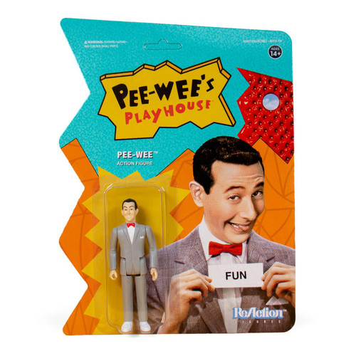 Super7 Pee Wees Playhouse ReAction Figure - Pee Wee 3.75-inch action figure in packaging featuring Pee Wee Herman holding a sign with 'FUN', collectible toy for fans and collectors.