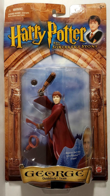 Mattel Harry Potter Quidditch Team George Action Figure, detailed action figure of George from the Harry Potter series wearing Quidditch uniform with accessories like a broomstick and Quaffle, in packaging designed for display.