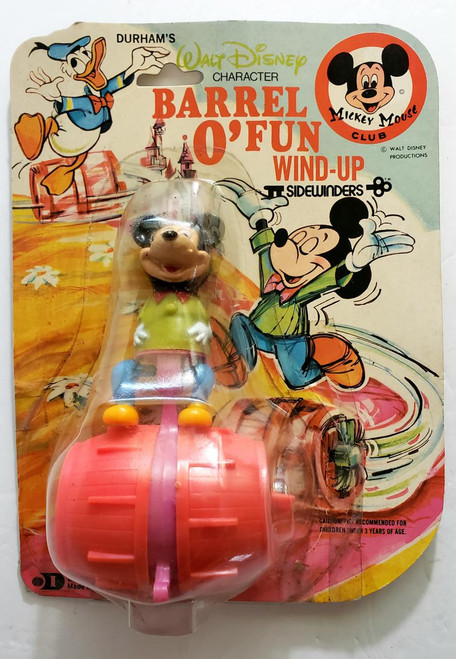 Disney Durham's Walt Disney Mickey Mouse Barrel O' Fun Wind-Up Sidewinders Toy, vintage wind-up Mickey Mouse figurine with colorful packaging featuring Disney characters.