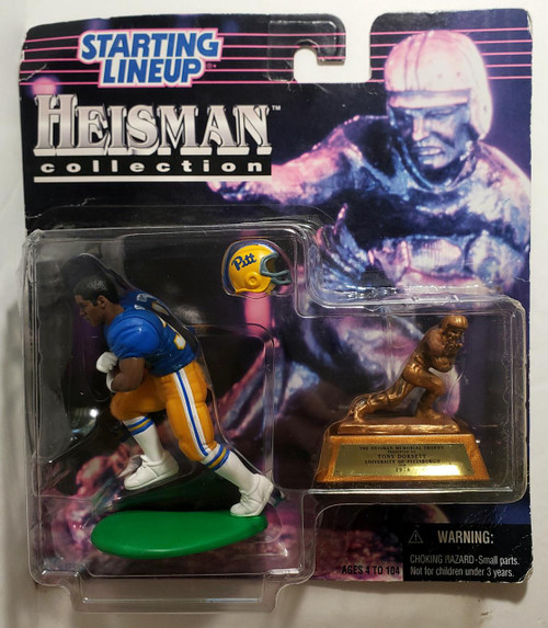 Kenner 1997 NCAA Starting Lineup Heisman Collection Pittsburgh Panthers Tony Dorsett Toy Figure, collectible sports memorabilia with a football player figurine dressed in a Pitt uniform, a miniature helmet, and a trophy miniature, packaged in original blister packaging.
