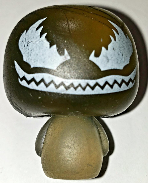 Marvel Funko Pint Size Heroes Marvel Collector Corps Venom Vinyl Toy Figure, close-up of the figure's top view featuring Venom's face with white eyes and a jagged mouth design.