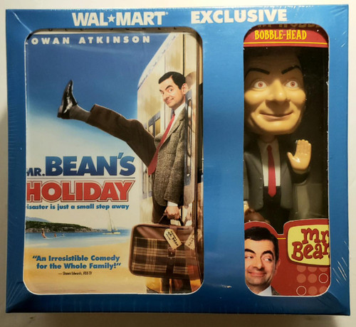 Funko Mr. Bean's Holiday DVD and Funko Wacky Wobbler Mr. Bean Bobblehead, boxed set featuring a DVD cover and a bobblehead figurine of Mr. Bean with humorous expression.