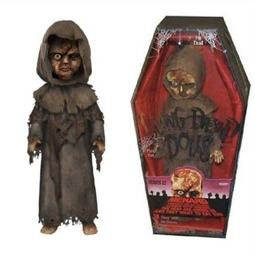 Living Dead Dolls Mezco Toyz -Living Dead Dolls: Menard Series 22 Doll, horror-themed collectible doll in tattered gray robes with a hood, shown next to its coffin-style packaging with a red interior and graphic design.