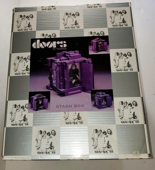 Vandor The Doors Stash Box, purple collectible storage box featuring The Doors band image, with packaging box showcasing product details and design.