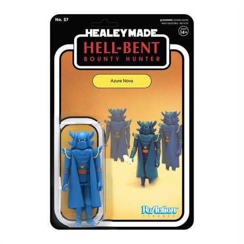 Super7 Healeymade Hell-Bent Azure Nova 2020 NYCC Exclusive 3.75" ReAction Figure, a blue action figure with a cape and detailed costume, in front of its original packaging.