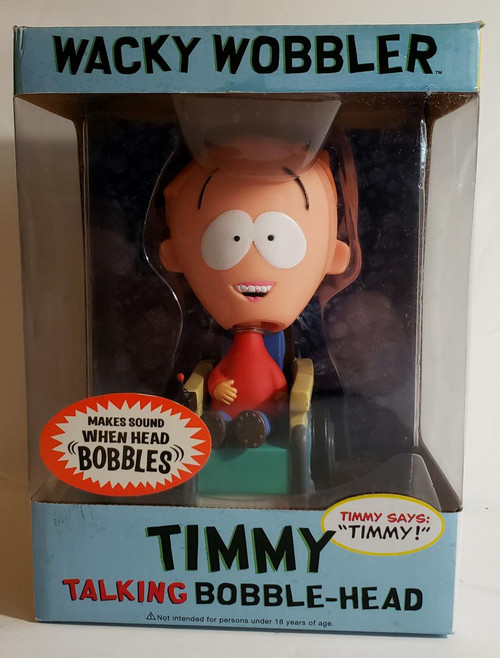 Funko Wacky Wobbler South Park Timmy Talking Bobble-head, collectible toy of Timmy from South Park in packaging. The bobble-head features Timmy seated in a chair, with a large head that wobbles and makes sound when tapped, and includes a speech bubble with "Timmy says: 'Timmy!'"
