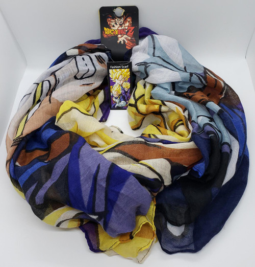 Funimation Dragon Ball Z Super Saiyan Women's Fashion Scarf, multicolored printed scarf featuring Dragon Ball Z characters and themes.