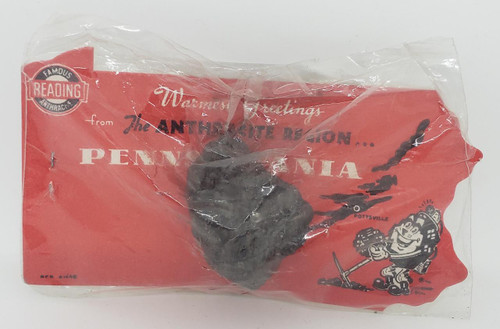 Pennsylvania 'Warmest Greetings' Famous Reading Anthracite Novelty Gift, vintage paper card with black anthracite rock inside plastic packaging.