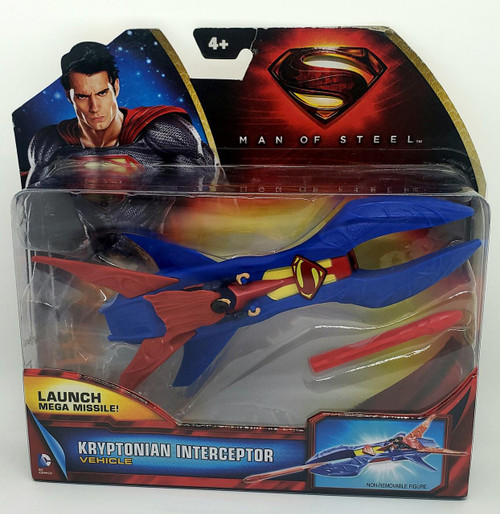 Mattel Toys Superman Man of Steel Kryptonian Interceptor Vehicle, action figure with launchable mega missile in colorful packaging.