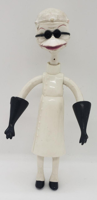 Disney's The Nightmare Before Christmas: Dr. Finkelstein Action Figure (Loose), a vintage stylized collectible figure of Dr. Finkelstein from the movie with a white body, black gloves, and distinctive glasses, standing upright.