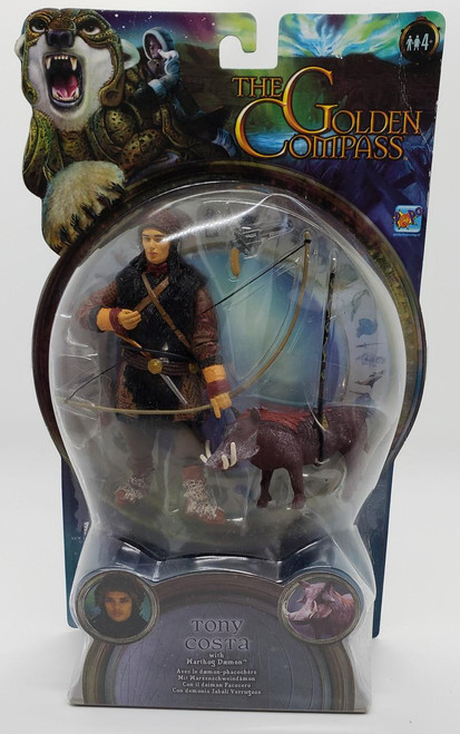The Golden Compass: Tony Costa with Warthog Daemon Action Figure, toy standing inside clear packaging with colorful fantasy-themed background and artwork.