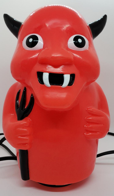 Halloween Blow Mold Devil Light, red devil-shaped Halloween light with horns and vampire teeth.
