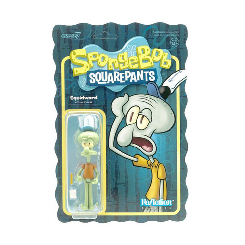 Super7 SpongeBob SquarePants ReAction Figures Wave 1 - Squidward, collectible action figure in packaging with cartoon image of Squidward on the background.