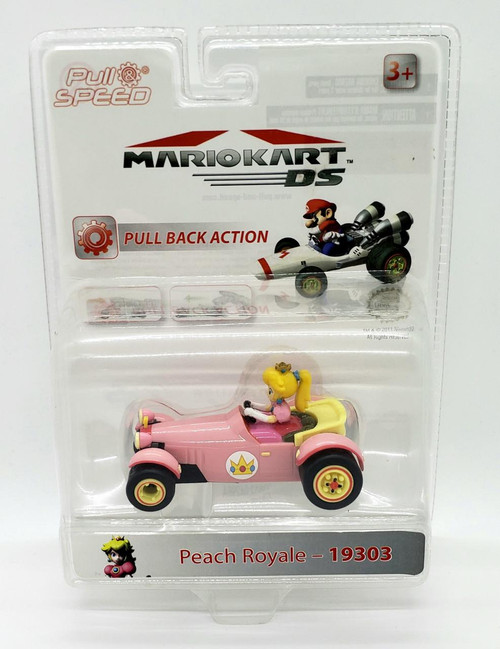 Nintendo Mario Kart DS Pull & Speed Peach Royale - 19303 Pull Back Action Car, plastic toy car featuring Peach character in a pink and yellow race car with princess crown logo.