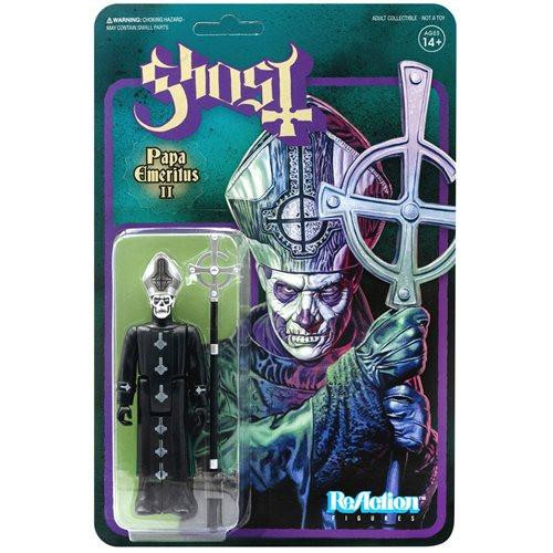 Super7 Ghost Papa Emeritus II 3.75-inch ReAction Figure, collectible toy depicting the ghostly rock band leader in detailed costume with staff and cross accessories.