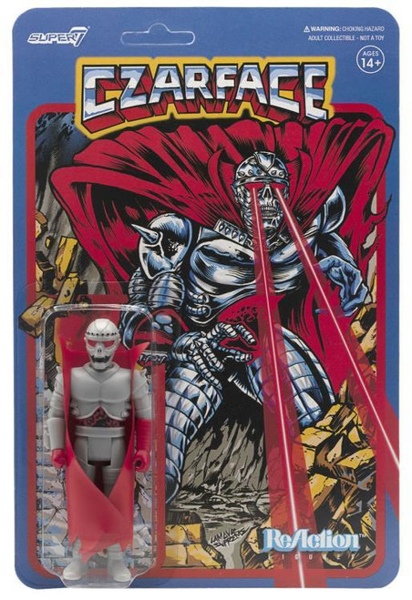 Super7 Czarface 3.75" ReAction Figure, action figure with a skeleton-like appearance, wearing a cape and armor, inside packaging with a comic book style backdrop featuring Czarface.
