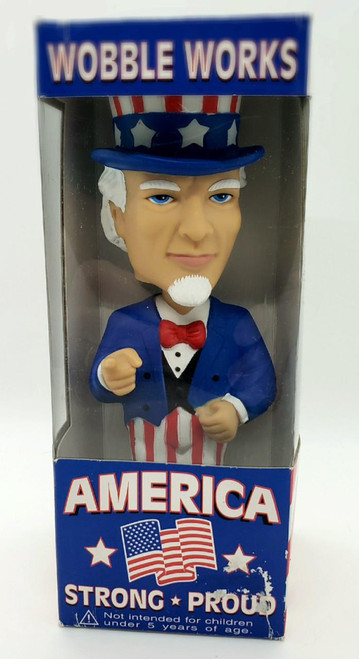 Funko Uncle Sam Wobbler Works Wacky Wobbler Bobble-Head, a collectible figurine of Uncle Sam with a patriotic outfit, hat, and a confident pose.