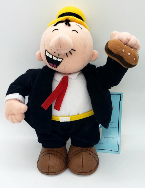 Popeye CVS Exclusive Popeye the Sailor Man Wimpy Plush Figure, a soft stuffed toy of Wimpy with a big smiling face, wearing a black jacket, white shirt, red tie, black shorts, and brown shoes, holding a brown steak.