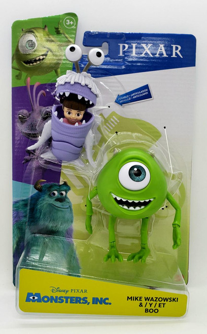 Mattel PIXAR Monsters Inc Mike Wazowski & Boo Action Figures, colorful toy set featuring a green one-eyed monster and a girl in a purple monster costume, packaged for children ages 3 and up.
