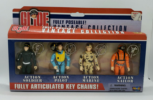 Fun4All Collectibles GI JOE Fully Poseable! Vintage Collection Keychains, set of four action figure keychains featuring a soldier, pilot, marine, and sailor, with articulated joints and rings for attaching to keys.