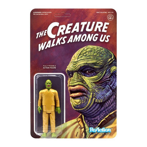 Universal Monsters Super7 The Creature Walks Among Us 3.75 inch ReAction Figure, product packaging featuring an illustration of the creature's face, fully posable action figure inside the blister pack.