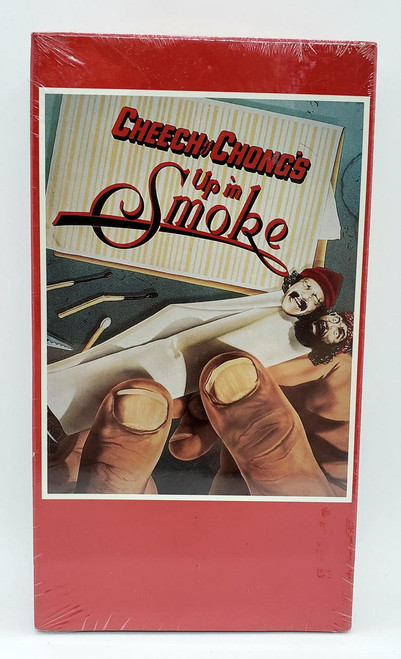 Paramount Cheech & Chong's Up in Smoke VHS, classic comedy movie VHS tape in red case with cover art featuring cartoon characters and comedic imagery.