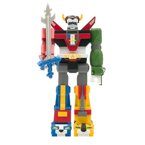 Super7 Voltron ReAction Figure with Damaged Package, front view of a robot toy with vibrant colors, holding a sword, featuring detailed armor and distinct lion-head feet design.