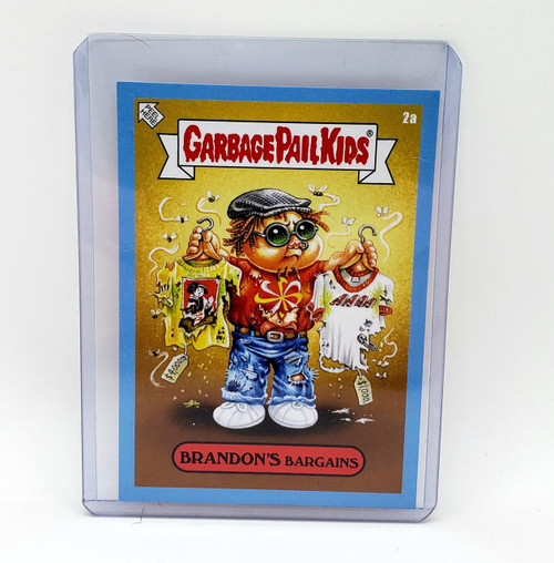 Garbage Pail Kids 2021 GPK Bizarre Holidays March Week 1 Blue Parallel - 2A Brandons Bargains, collectible trading card featuring a cartoon character holding tattered clothing with a humorous, chaotic illustration style.