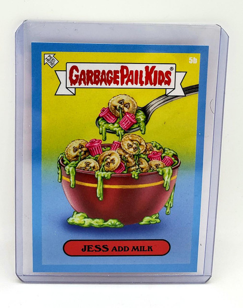 Garbage Pail Kids 2021 GPK Bizarre Holidays March Week 1 Blue Parallel - 5B Jess Add Milk, collectible trading card with cartoonish characters of cereal with green mold and pink milk in a bowl.