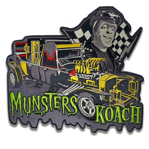 Munsters Koach Iron-on Back Patch, embroidered patch featuring the iconic Koach car from The Munsters with a cartoonish portrait of Grandpa Munster and green text reading 'Munsters Koach'.