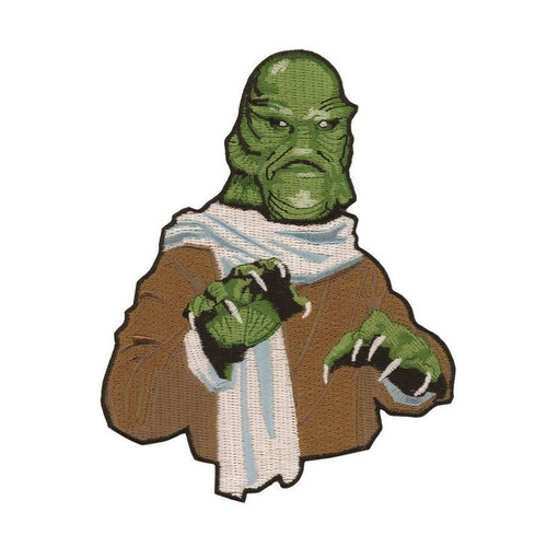 Munsters Uncle Gilbert Embroidered Iron-on Patch, green-skinned character with a serious expression, wearing a brown jacket and a light blue scarf, designed for clothing decoration.