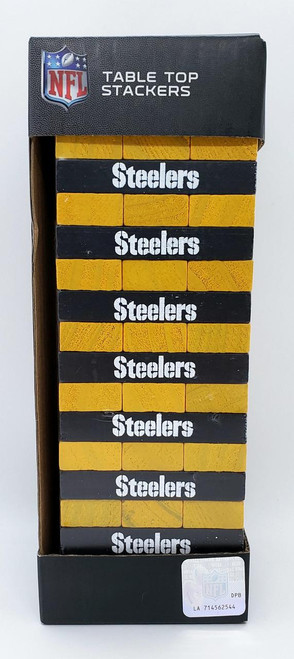 NFL Pittsburgh Steelers Table Top Stackers Game, set of wooden stacking blocks with black and yellow colors and Steelers logo.