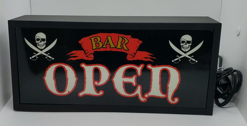 Pirate Themed Bar Open Novelty Light, black rectangular sign with skull and crossed swords design and the words 'Bar Open' in bold red and yellow lettering.