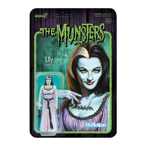Super7 Munsters 3.75 inch ReAction Figure - Lily, collectible action figure of Lily from The Munsters in packaging with Her illustrated portrait in the background.