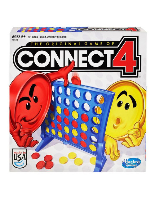 Hasbro Gaming Connect 4 Game, colorful two-player classic board game with red and yellow smiling character mascots and a blue vertical grid for gameplay.