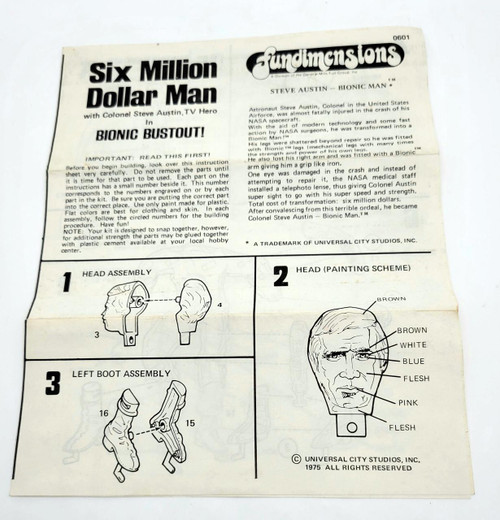 Fundimensions 1975 Six Million Dollar Man Bionic Bustout, close-up of the instruction sheet for the model kit from Universal City Studios Inc., detailing assembly and painting schemes.