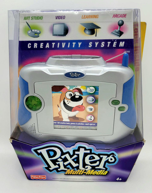 Fisher-Price 2005 Pixter Multi-Media Creativity System, electronic kids' learning and creativity device with a colorful screen displaying a cartoon dog, and control buttons on its sides.