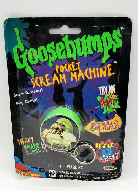Goosebumps Pocket Scream Machine Key Chain - Egg Monsters From Mars, a small green alien-themed key chain with a scream machine toy inside packaging.