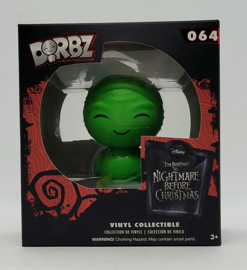 Funko Dorbz: The Nightmare Before Christmas Oogie Boogie Vinyl Figure, green smiling Oogie Boogie character inside a black and red box with transparent window.