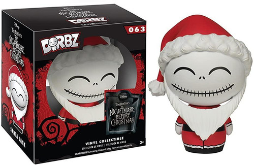 Funko Dorbz: The Nightmare Before Christmas Santa Jack Skellington Vinyl Figure, a collectible vinyl toy with Santa costume and a joyful smile, standing next to its packaging.