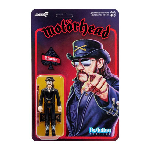 Super7 Motorhead Lemmy (Modern Cowboy) 3.75-inch ReAction Figure, collectible toy in packaging featuring Lemmy in a cowboy outfit with a black hat, sunglasses, and mustache, pointing forward.