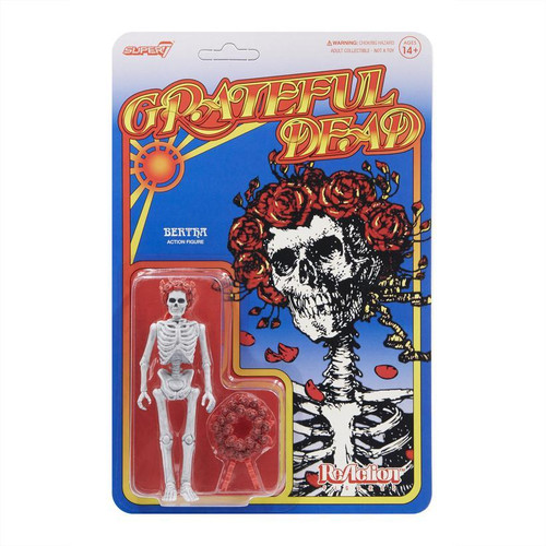 Super7 Grateful Dead Bertha 3.75" ReAction Figure, collectible skeleton action figure with skeletal details and a floral skull head, in original packaging with vibrant Grateful Dead artwork.