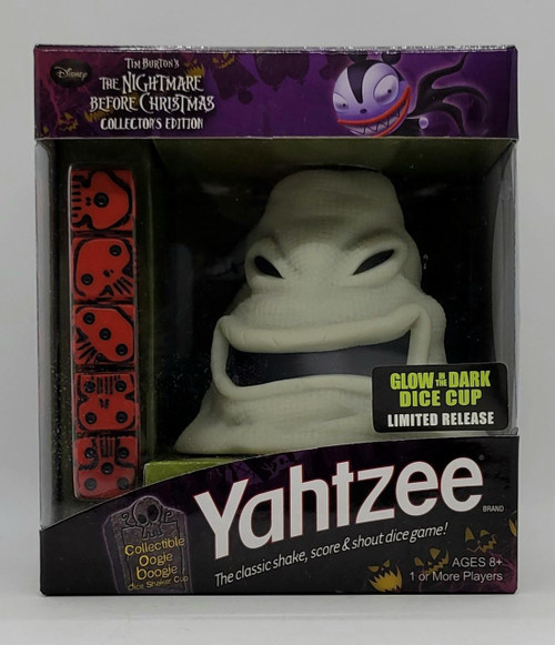 USAopoly Yahtzee: Tim Burton's The Nightmare Before Christmas Oogie Boogie GITD, collectible glow-in-the-dark Oogie Boogie figurine with dice shaker cup.