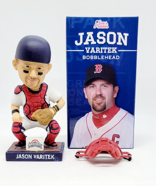 BDA Boston Red Sox Jason Varitek Bobblehead, collectible sports figurine of Jason Varitek in catching gear, with a promotional box and helmet accessory.