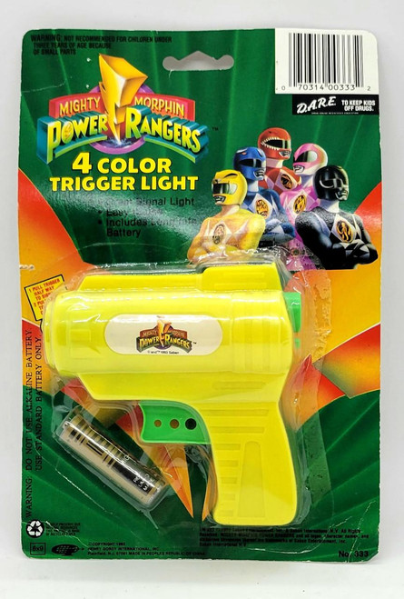 Henry Gordy Mighty Morphin Power Rangers 4 Color Trigger Light, yellow toy gun with yellow and green details in packaging with Power Rangers characters and branding